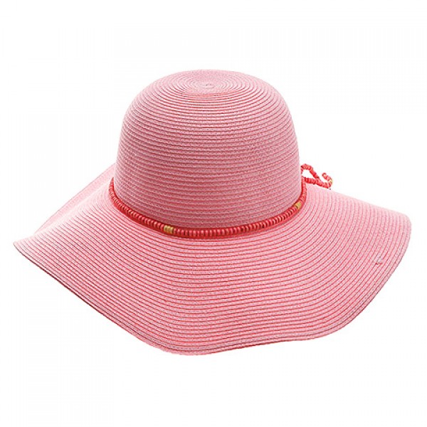 Wide Brim Toyo Straw w/ Wooden Beads Band - Pink - HT-8131A-PK